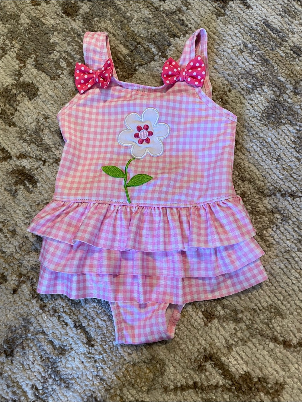 Pink Gingham Flower Ruffle One-Piece Swimsuit for Kids